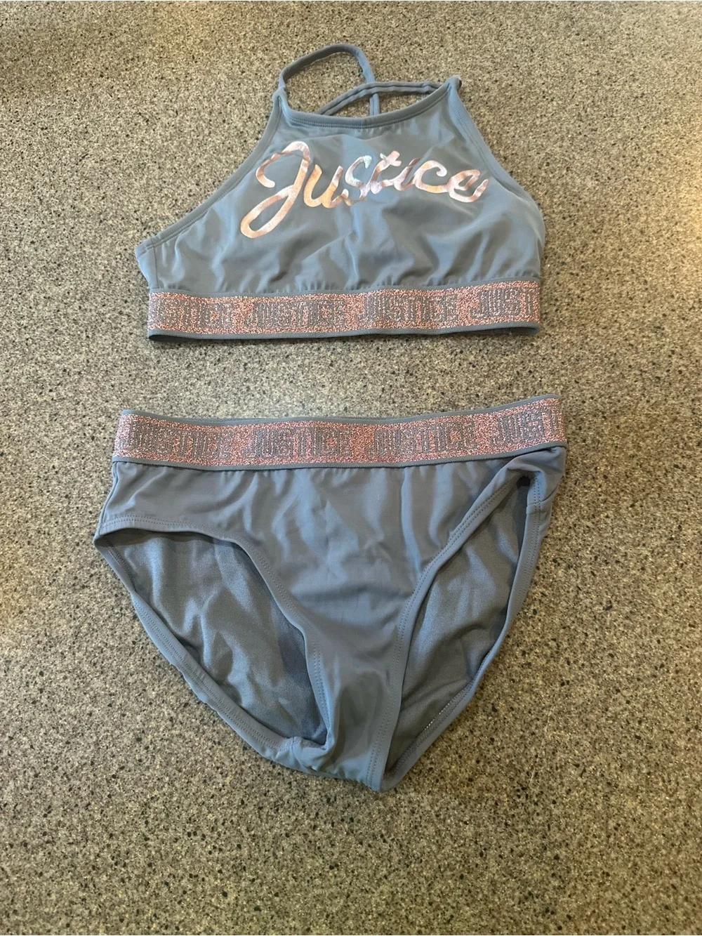 Justice Girls Two-Piece Swim Set in Gray with Pink Logo